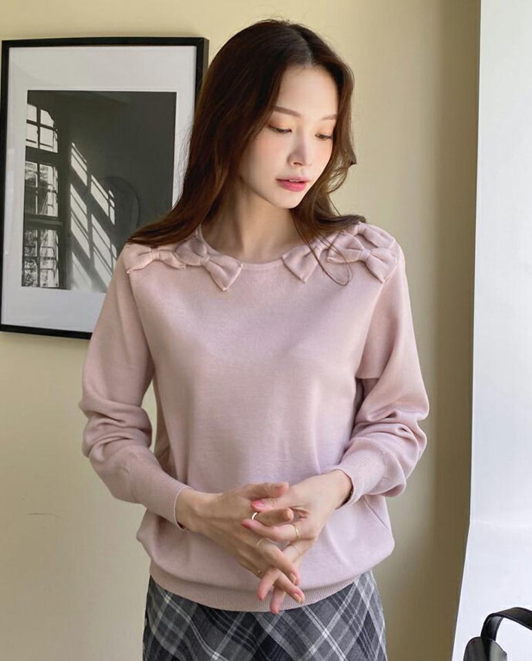 ラウンドリボンニット・全3色・b70343 レディース 【tops】 トップス 長袖 フィット リボン かわいい ルーズ ゆったり スリム あたたかい フェミニン パステル カラーニット 上品 冬 春 秋 韓国ファッション HIHOLLI