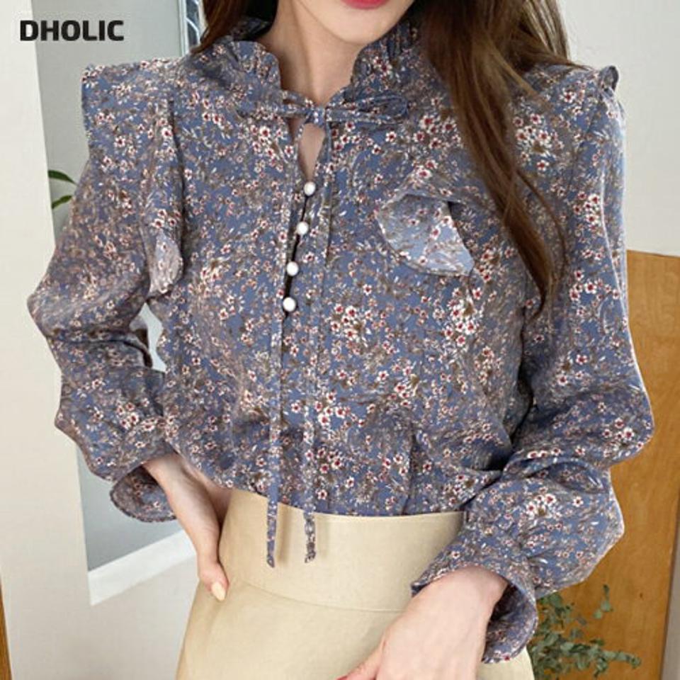 花柄フリルリボンボタンブラウス・全3色・t70339 レディース 【bl】 トップス ブラウス 長袖 フリル 花柄 ストラップ リボン 楽ちん カジュアル 大人 ユニーク フェミニン 上品 春 秋 韓国ファッション ハイホリHIHOLLI