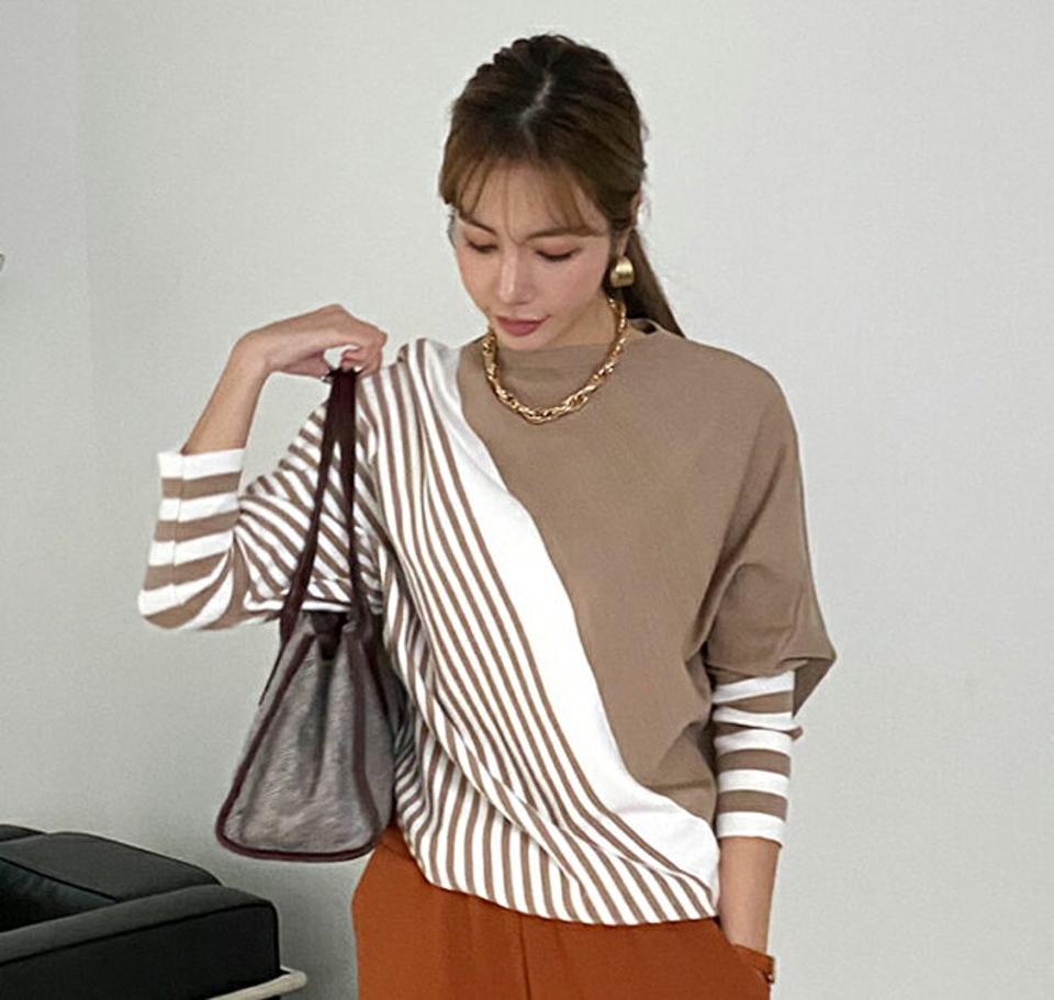 ラグランボーダー配色ニット・全4色・b70391 レディース 【tops】 トップス ニット 長袖 ラグラン ボーダー 配色 ボートネック ゆったり 柄ニット 体型カバー フェミニン 上品 インしない 冬 春 秋 韓国ファッション ハイホリHIHOLLI 年上