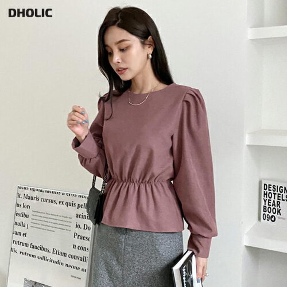 ラウンドネックパフブラウス・全4色・t70393 レディース 【bl】 トップス ブラウス 長袖 ラウンドネック ウエストマーク ゴム カジュアル パフ 大人 ユニーク フェミニン 春 秋 韓国ファッション ハイホリHIHOLLI
