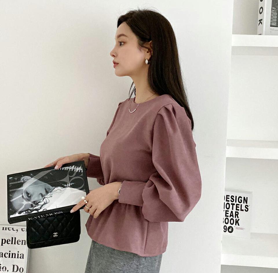 ラウンドネックパフブラウス・全4色・t70393 レディース 【bl】 トップス ブラウス 長袖 ラウンドネック ウエストマーク ゴム カジュアル パフ 大人 ユニーク フェミニン 春 秋 韓国ファッション ハイホリHIHOLLI