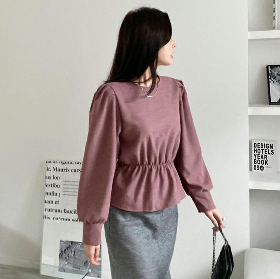 ラウンドネックパフブラウス・全4色・t70393 レディース 【bl】 トップス ブラウス 長袖 ラウンドネック ウエストマーク ゴム カジュアル パフ 大人 ユニーク フェミニン 春 秋 韓国ファッション ハイホリHIHOLLI
