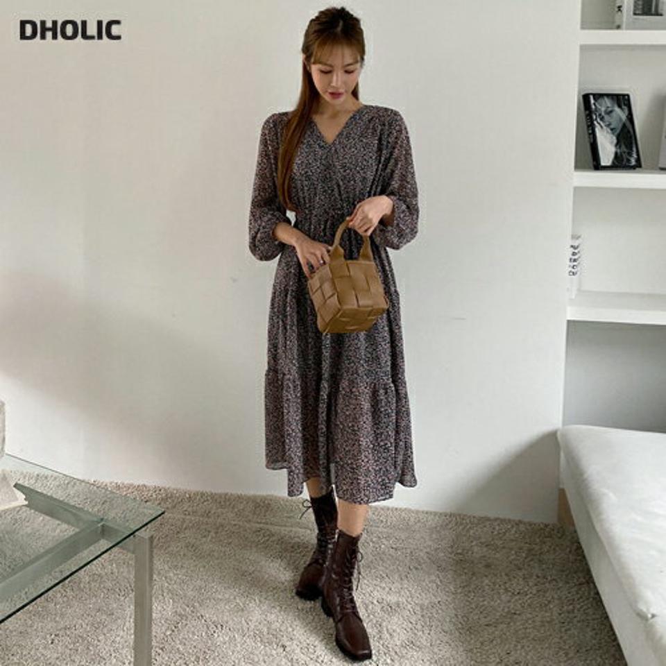 シフォンフローラルティアードワンピース・全2色・b70396 レディース 【ops】 ワンピース ロング ロングワンピース シフォン ティアード 花柄 ストリング ウエストマーク 長袖 Vネック フェミニン 春 秋 韓国ファッション ハイホリHIHOLLI