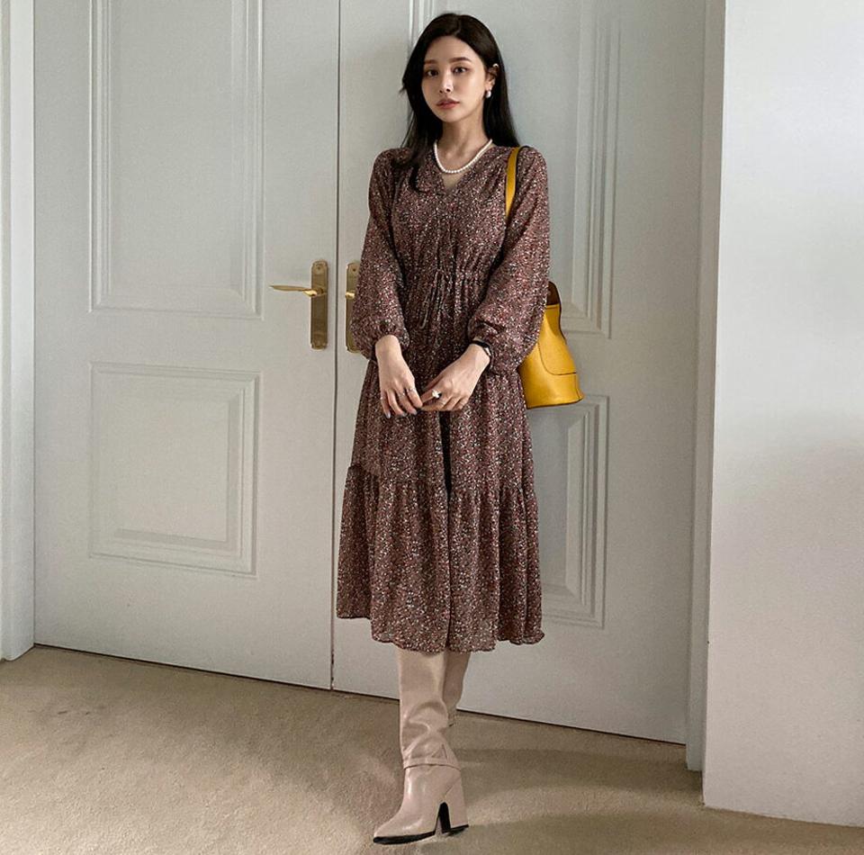 シフォンフローラルティアードワンピース・全2色・b70396 レディース 【ops】 ワンピース ロング ロングワンピース シフォン ティアード 花柄 ストリング ウエストマーク 長袖 Vネック フェミニン 春 秋 韓国ファッション ハイホリHIHOLLI
