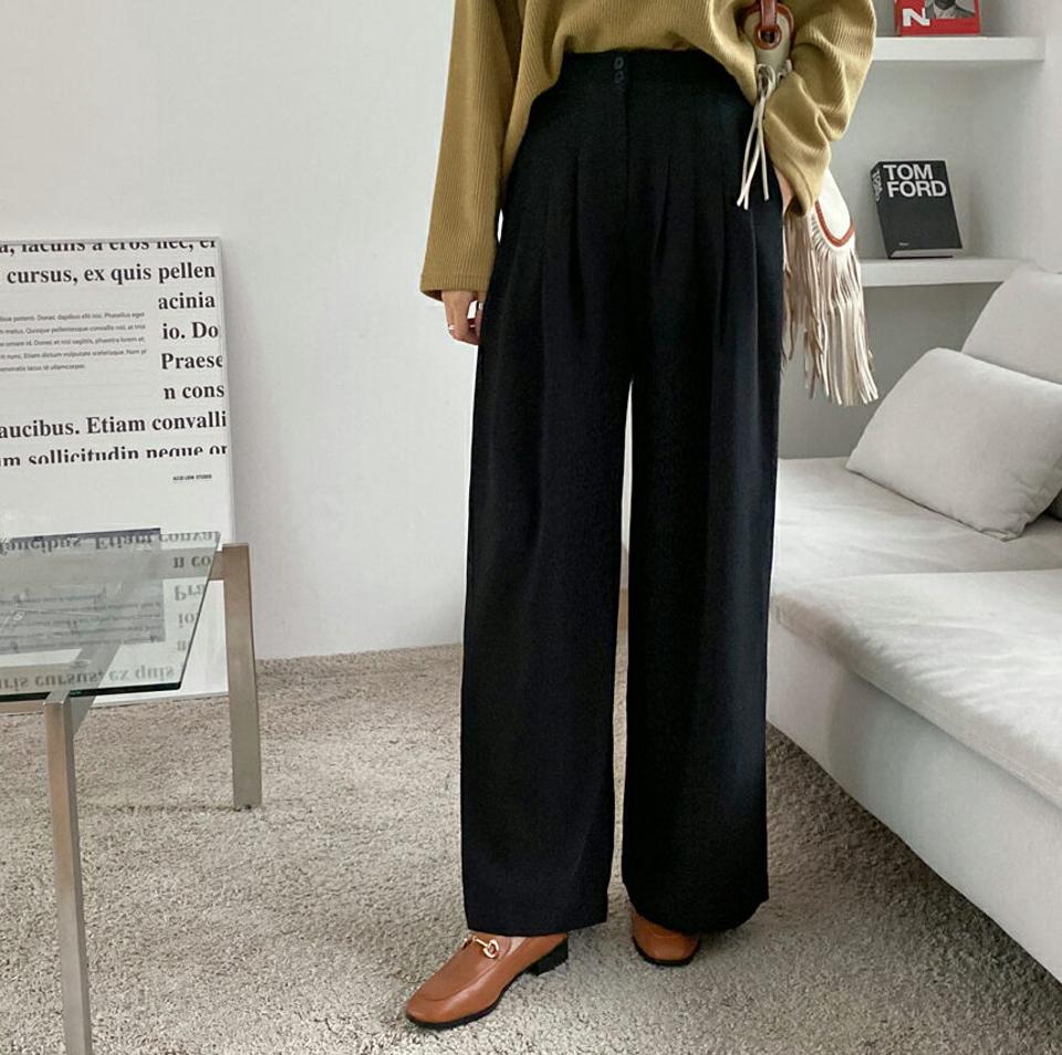 ツーボタンタックワイドスラックス・全3色・t70410 レディース 【pt】 ボトムス ロング ロングパンツ スラックス ワイド ストレート スリム オフィスカジュアル ベーシック 体型カーバー 足長 着痩せ 春 秋 韓国 ファッション ハイホリHIHOLLI