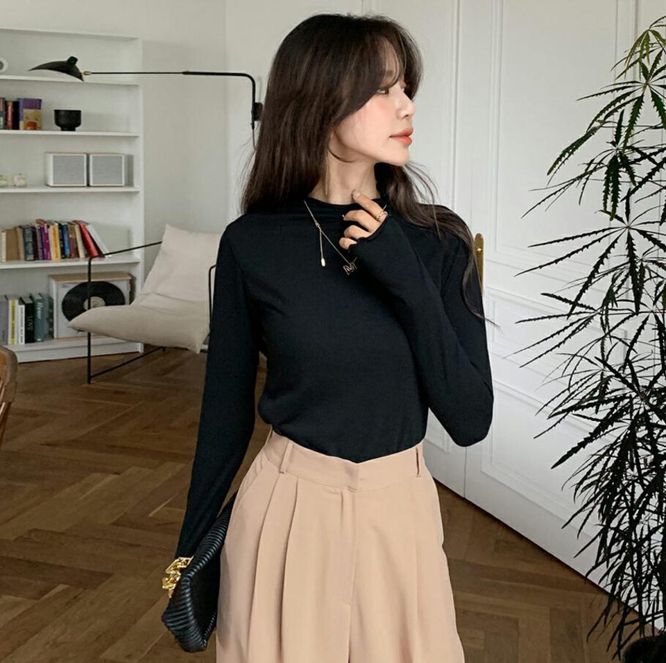 メロウハイネックフィンガーホールTシャツ・全5色・t66024 レディース 【tops】韓国ファッション トップス Tシャツ 大人 長袖 ハイネック フィンガーホー 無地 ベーシック シンプル スリム カジュアル 細身 プルオーバー フェミニン 上品 秋 春