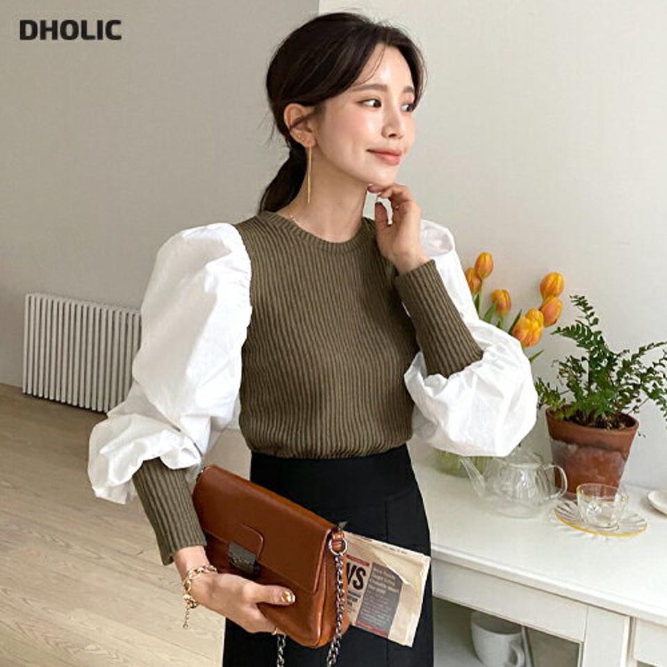 配色パフTシャツ・全4色・t66018 レディース 【tops】韓国ファッション トップス Tシャツ 大人 長袖 ラウンドネック 配色 パフスリーブ シンプル スリム カジュアル 体型カバー 細身 フェミニン 上品 秋 春