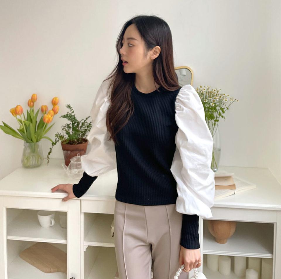 配色パフTシャツ・全4色・t66018 レディース 【tops】韓国ファッション トップス Tシャツ 大人 長袖 ラウンドネック 配色 パフスリーブ シンプル スリム カジュアル 体型カバー 細身 フェミニン 上品 秋 春