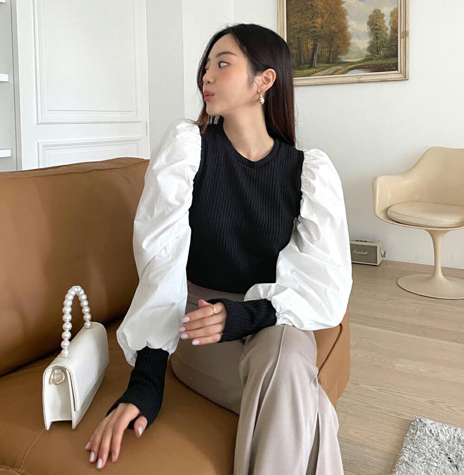 配色パフTシャツ・全4色・t66018 レディース 【tops】韓国ファッション トップス Tシャツ 大人 長袖 ラウンドネック 配色 パフスリーブ シンプル スリム カジュアル 体型カバー 細身 フェミニン 上品 秋 春