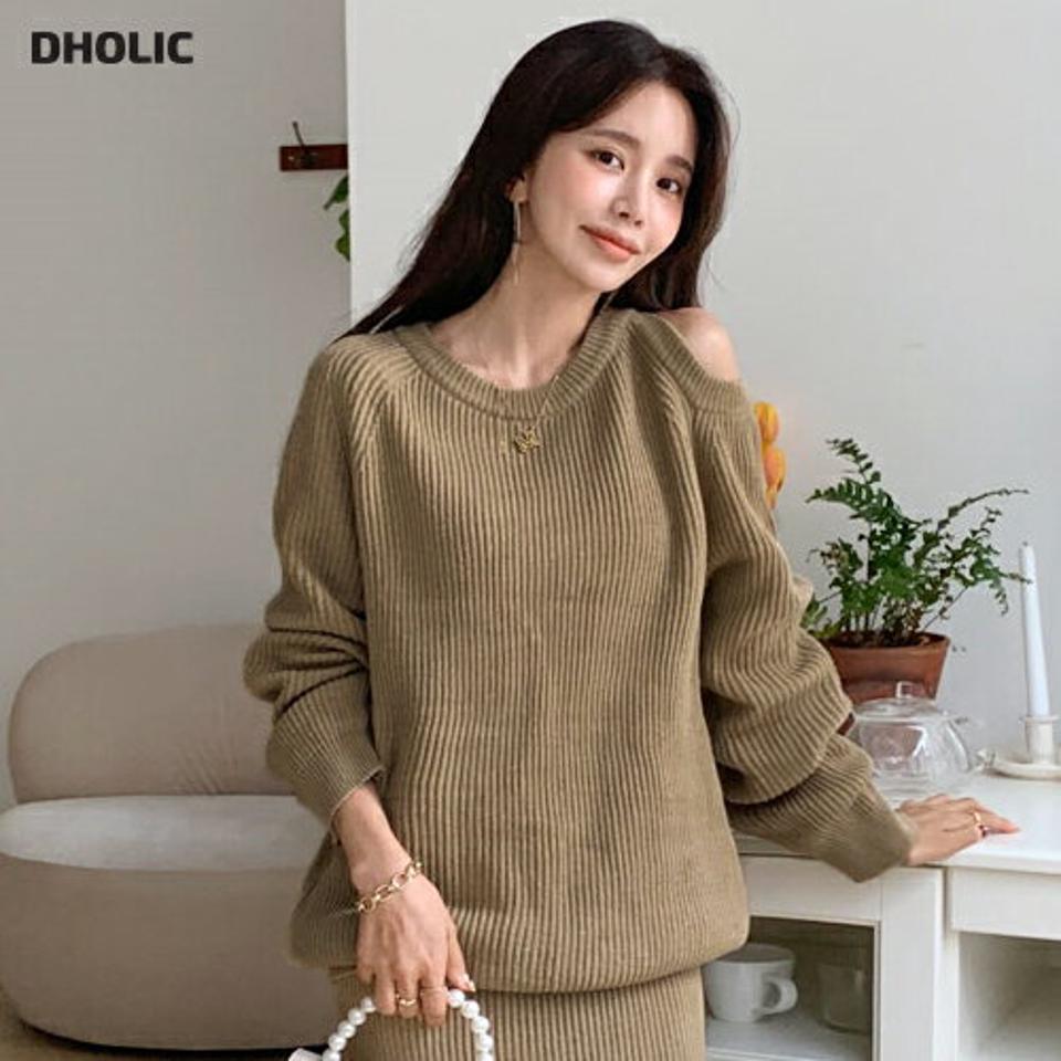 ショルダースリットニット・全2色・t66006 レディース 【tops】韓国ファッション トップス ニット 大人 長袖 ラウンドネック ショルダースリット 無地 ベーシック シンプル カジュアル ルーズ 体型カバー フェミニン 上品 秋 冬