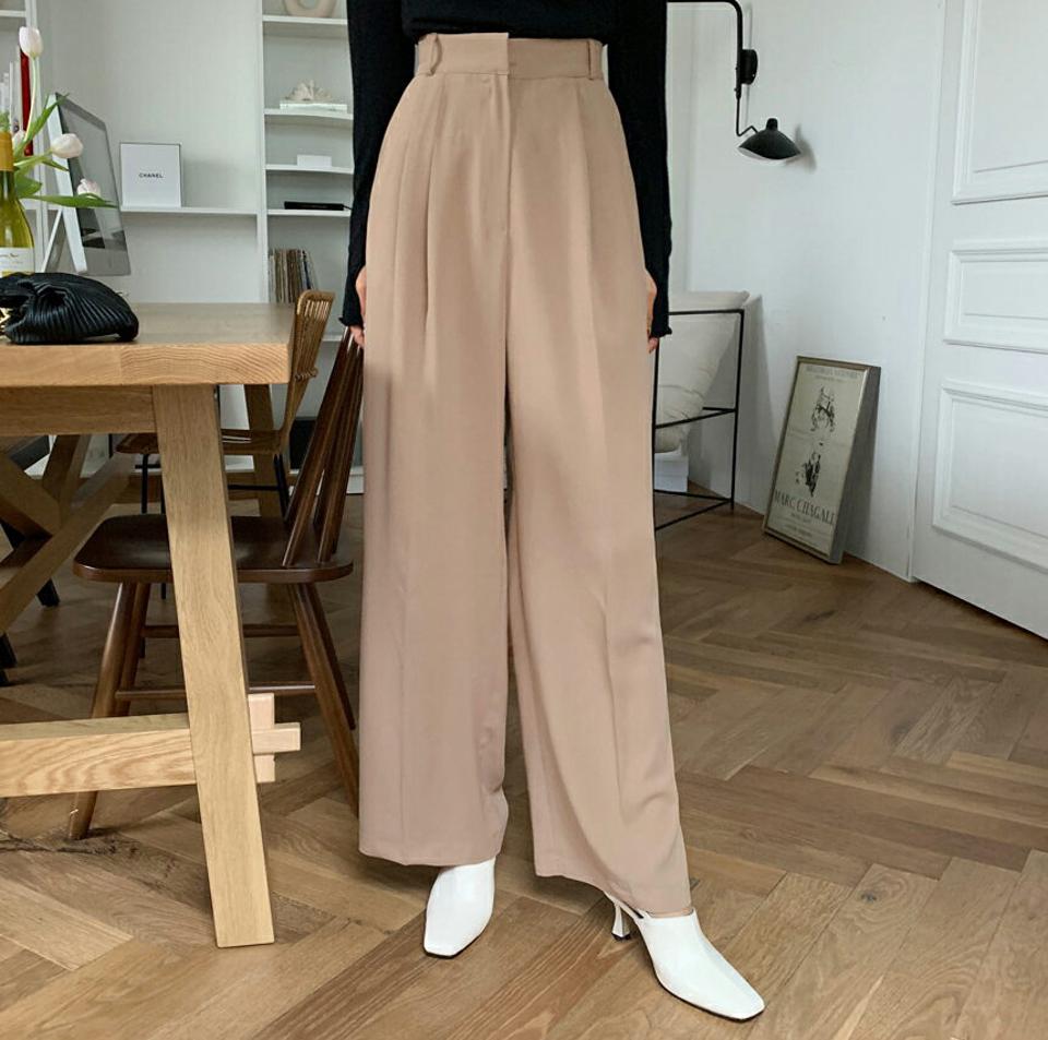 ツータックワイドスラックス・全2色・t65995 レディース 【pt】韓国ファッション ボトムス ロング ロングパンツ スラックスパンツ スラックス ツータック ワイド 無地 ベーシック シンプル 体型カバー 足長 美脚 フェミニン 秋 春