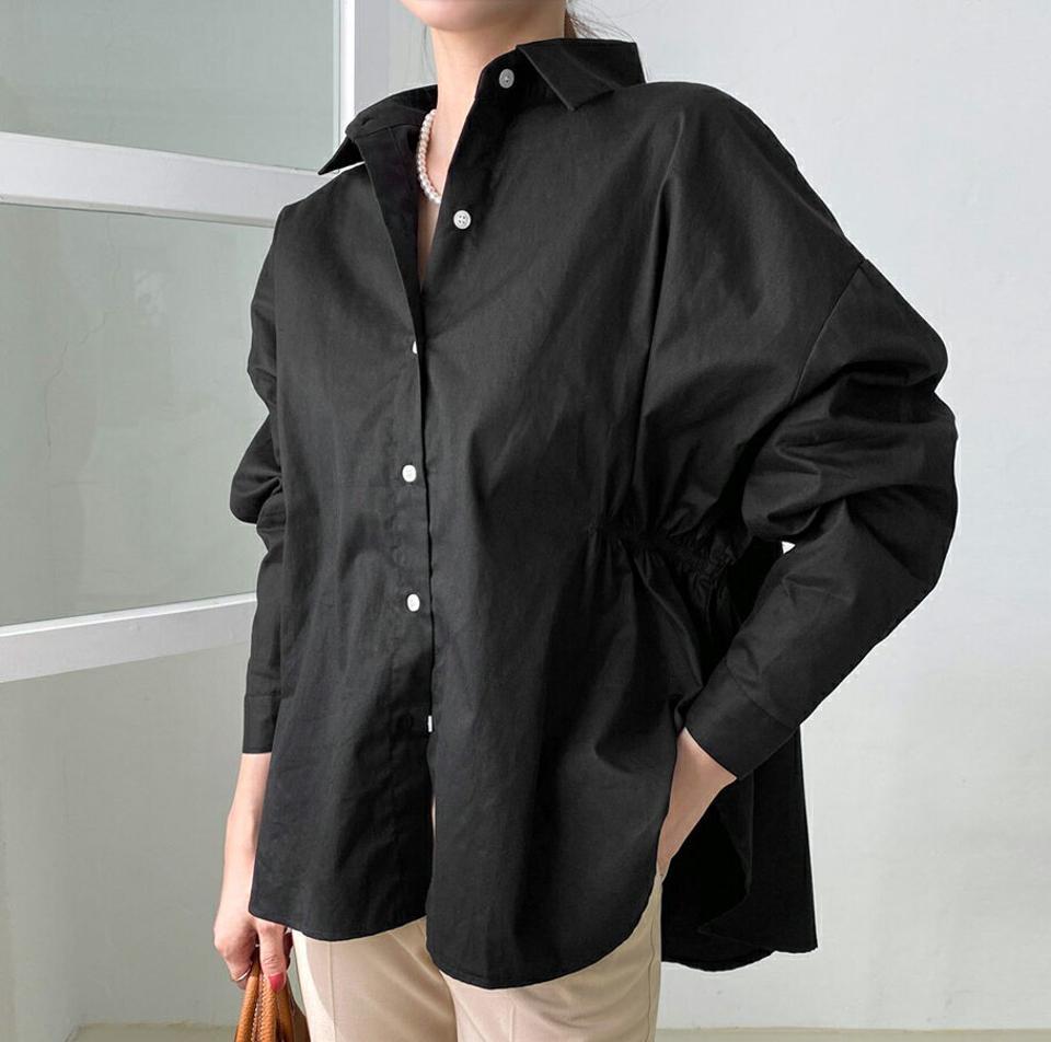 【タイム特価】サイドゴムルーズシャツ・全3色・70015 レディース 【bl】 トップス シャツ 長袖 ゴム ルーズ ゆったり オフィスカジュアル カジュアル 大人 ユニーク フェミニン 春 秋 韓国ファッション ハイホリHIHOLLI 【TS】セール