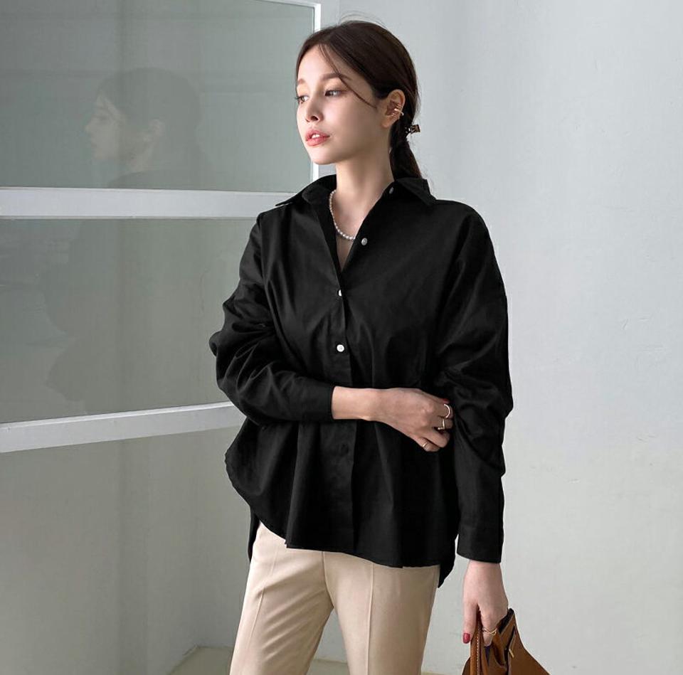 【タイム特価】サイドゴムルーズシャツ・全3色・70015 レディース 【bl】 トップス シャツ 長袖 ゴム ルーズ ゆったり オフィスカジュアル カジュアル 大人 ユニーク フェミニン 春 秋 韓国ファッション ハイホリHIHOLLI 【TS】セール