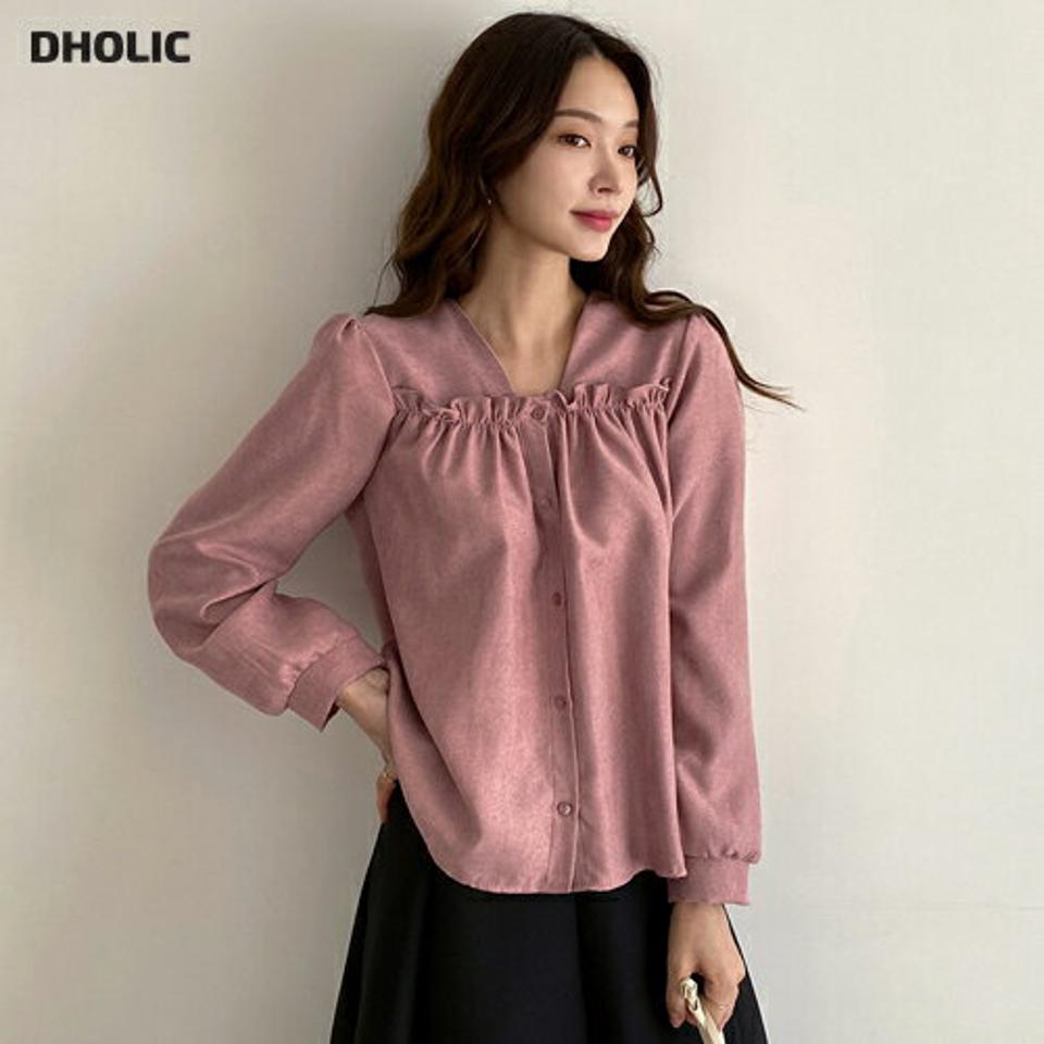 即日配送 Vネックシャーリングポイントブラウス・全4色・t70352 レディース 【bl】 トップス ブラウス 長袖 Vネック シャーリング フレア 大人 ユニーク フェミニン カジュアル 春 秋 韓国ファッション ハイホリHIHOLLI