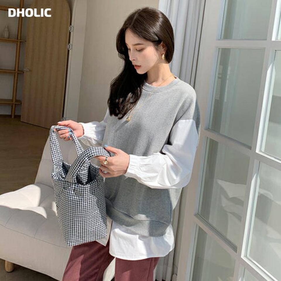 ブラウスレイヤードスウェット・全2色・b70354 レディース 【tops】 トップス スウェット 長袖 コットン レイヤード風 ルーズ ゆったり 配色 ラウンドネック ベーシック デイリー 春 秋 韓国ファッション ハイホリHIHOLLI