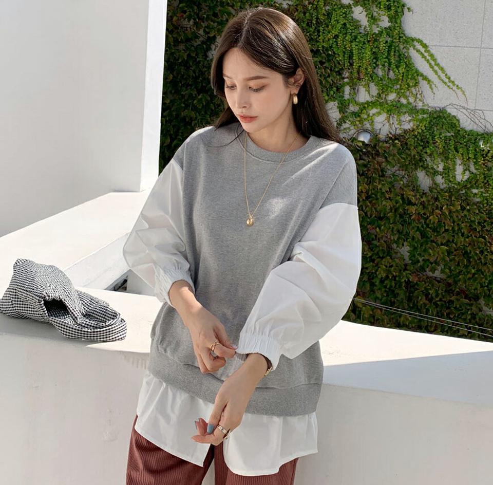 ブラウスレイヤードスウェット・全2色・b70354 レディース 【tops】 トップス スウェット 長袖 コットン レイヤード風 ルーズ ゆったり 配色 ラウンドネック ベーシック デイリー 春 秋 韓国ファッション ハイホリHIHOLLI
