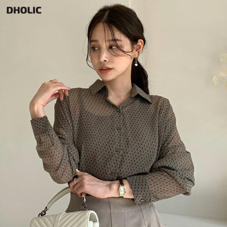 プリントボタンフレアブラウス・全2色・t70357 レディース 【bl】 トップス ブラウス 長袖 ボタン フレア カジュアル パフ 大人 ユニーク フェミニン 春 秋 韓国 ファッション ハイホリHIHOLLI