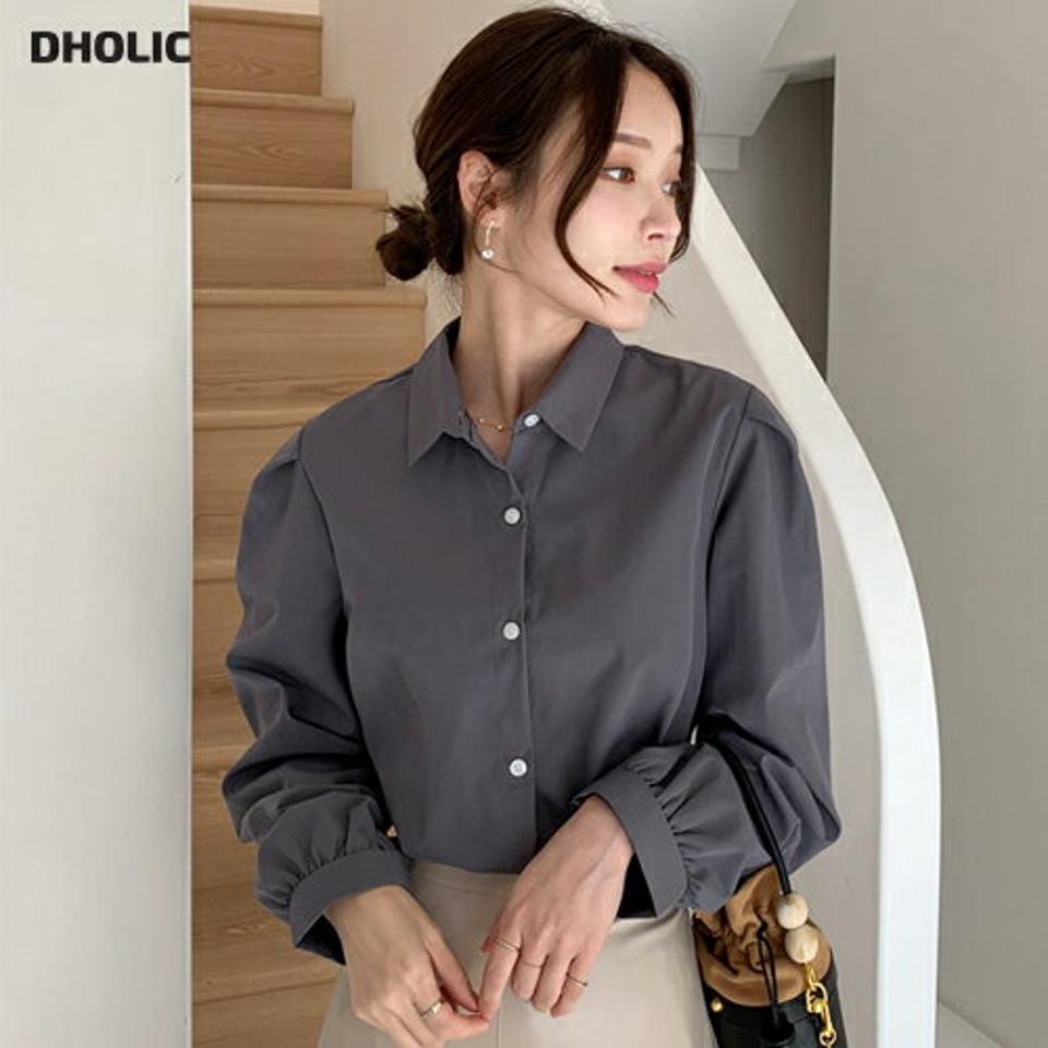 ボタンポイントカラーネックブラウス・全2色・t70364 レディース 【bl】 トップス ブラウス 長袖 シャツブラウス パフ シャツ カジュアル パフ 大人 ユニーク フェミニン 春 秋 韓国 ファッション ハイホリHIHOLLI