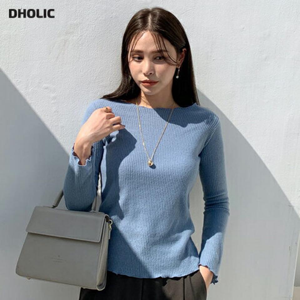 リブウェーブポイント長袖Tシャツ・全5色・t70367 レディース 【tops】 トップス Tシャツ 長袖 リブ ウェーブ スリム フィット タイト ラウンドネック ベーシック デイリー 細身 フェミニン 春 秋 韓国ファッション ハイホリHIHOLLI