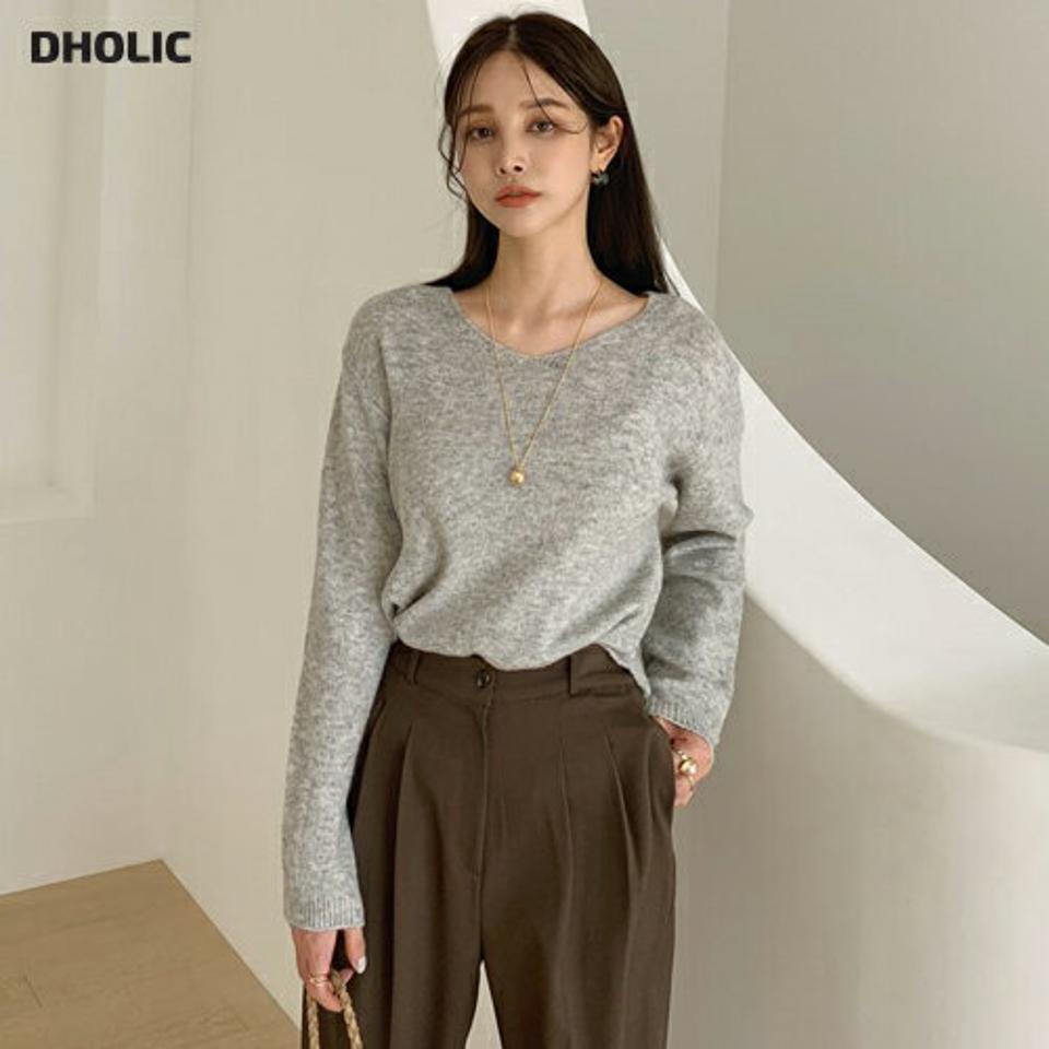 Vネックソフトニット・全6色・t70368 レディース 【tops】 トップス ニット 長袖 Vネック ソフト ふわふわ アンバランス デコルテ スリム ルーズ ゆったり 体型カバー 上品 冬 春 秋 韓国ファッション ハイホリHIHOLLI