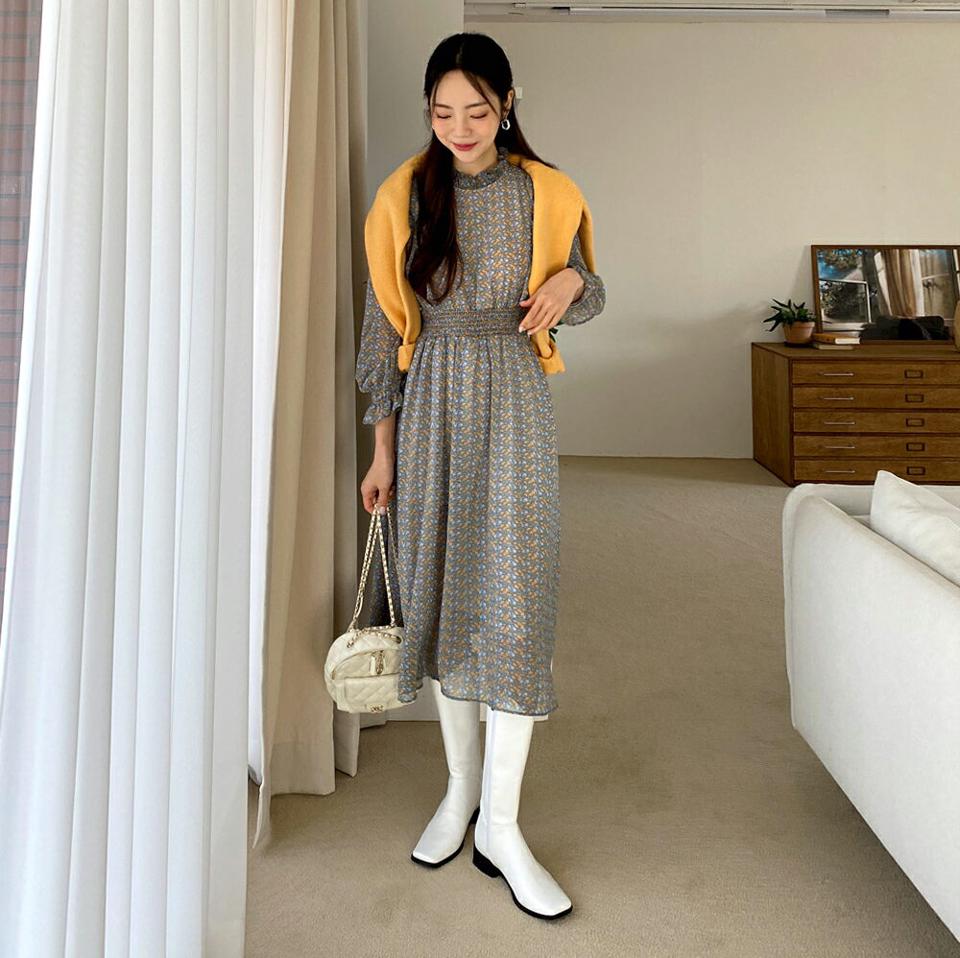 フリルシャーリング花柄ワンピース・全3色・b62900 レディース 【ops】韓国ファッション ワンピース ロング ロングワンピース 長袖 花柄 小花柄 フローラル フリル シャーリング 大人 ロング丈 シンプル スリム フェミニン 体型カバー 秋 春
