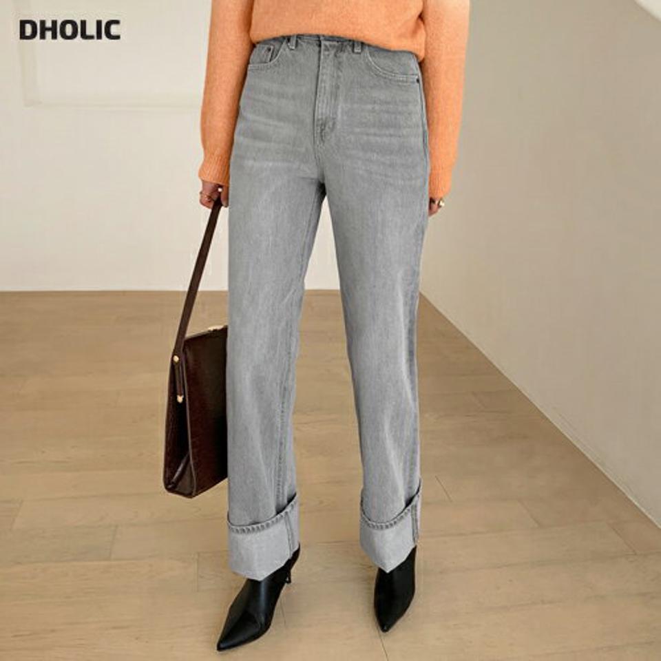 グレーワイドデニムパンツ・全1色・t70376 レディース 【pt】 ボトムス ロング ロングパンツ デニムパンツ デニム コットン ロールアップ カジュアル ベーシック 体型カバー 足長 着痩せ 春 秋 韓国ファッション ハイホリHIHOLLI