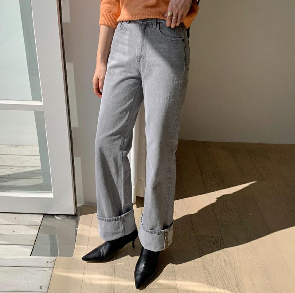 グレーワイドデニムパンツ・全1色・t70376 レディース 【pt】 ボトムス ロング ロングパンツ デニムパンツ デニム コットン ロールアップ カジュアル ベーシック 体型カバー 足長 着痩せ 春 秋 韓国ファッション ハイホリHIHOLLI