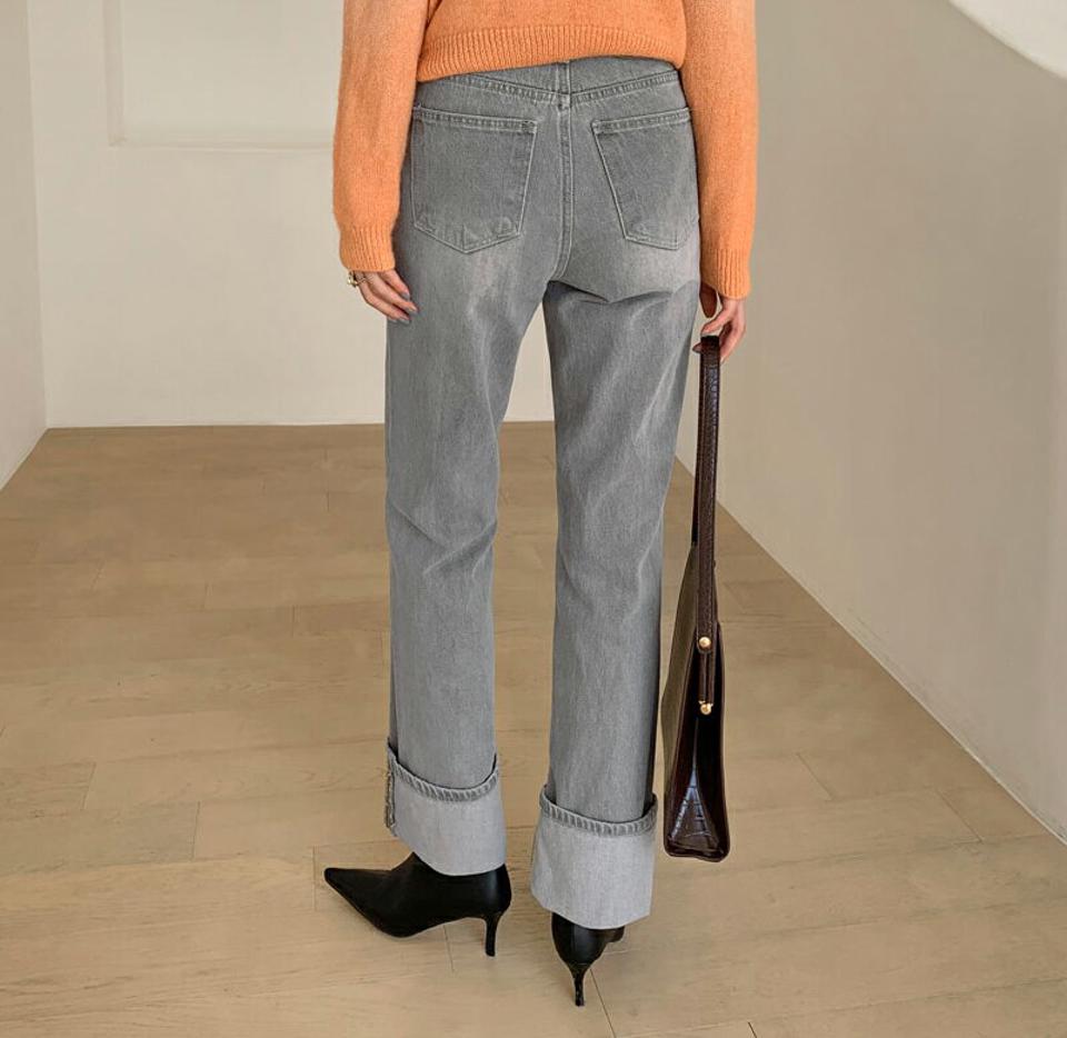 グレーワイドデニムパンツ・全1色・t70376 レディース 【pt】 ボトムス ロング ロングパンツ デニムパンツ デニム コットン ロールアップ カジュアル ベーシック 体型カバー 足長 着痩せ 春 秋 韓国ファッション ハイホリHIHOLLI