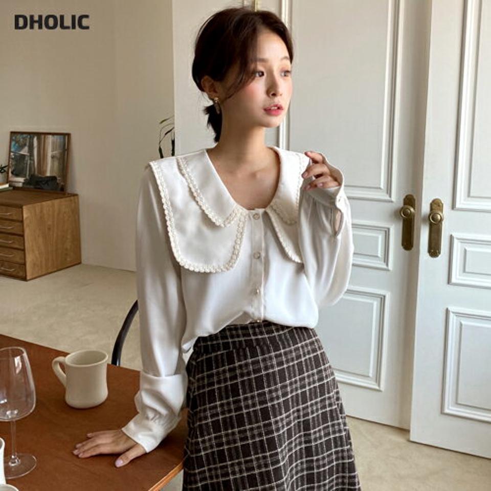 レースダブルカラーブラウス・全3色・t62893 レディース 【bl】韓国ファッション トップス ブラウス 長袖 レース ダブルカラー 大人 パフスリーブ 上品 ボタン カフス シンプル フェミニン カジュアル 体型カバー ガーリー 秋 春