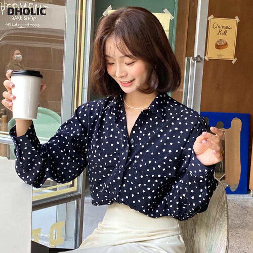 レオパードポケットシャツブラウス・全2色・t62892 レディース 【bl】韓国 ファッション トップス ブラウス 長袖 ドット風 レオパード ポケットシャツ 大人 パフスリーブ 上品 シンプル フェミニン カジュアル 体型カバー ガーリー 秋 春