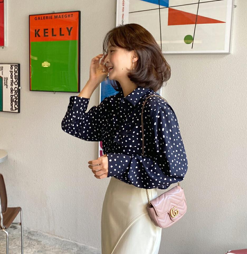 レオパードポケットシャツブラウス・全2色・t62892 レディース 【bl】韓国 ファッション トップス ブラウス 長袖 ドット風 レオパード ポケットシャツ 大人 パフスリーブ 上品 シンプル フェミニン カジュアル 体型カバー ガーリー 秋 春