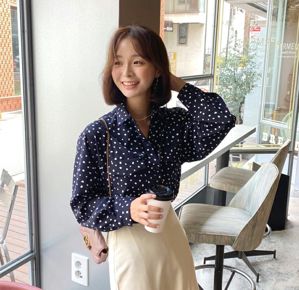 レオパードポケットシャツブラウス・全2色・t62892 レディース 【bl】韓国 ファッション トップス ブラウス 長袖 ドット風 レオパード ポケットシャツ 大人 パフスリーブ 上品 シンプル フェミニン カジュアル 体型カバー ガーリー 秋 春