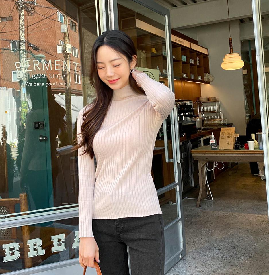 ハイネックリブニット・全5色・t62931 レディース 【tops】韓国ファッション トップス ニット 大人 長袖 ハイネック リブ タイト 無地 ベーシック シンプル カジュアル スリム 体型カバー フェミニン 上品 秋 冬