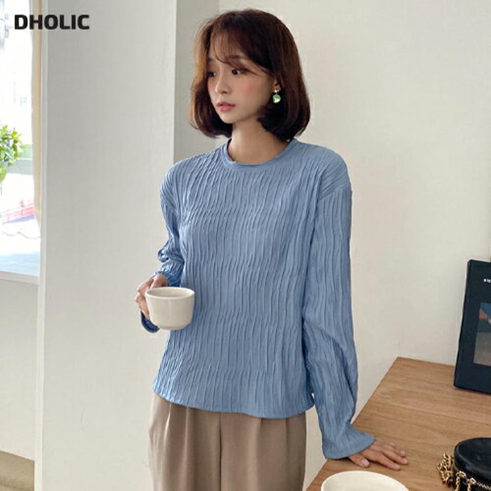 ウェーブリンクルラウンドTシャツ・全4色・t62888 レディース 【tops】韓国ファッション トップス Tシャツ 大人 長袖 ラウンドネック ウェーブ しわ加工 フレア シンプル スリム カジュアル 体型カバー フェミニン 上品 秋 春