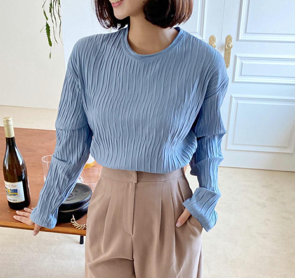 ウェーブリンクルラウンドTシャツ・全4色・t62888 レディース 【tops】韓国ファッション トップス Tシャツ 大人 長袖 ラウンドネック ウェーブ しわ加工 フレア シンプル スリム カジュアル 体型カバー フェミニン 上品 秋 春