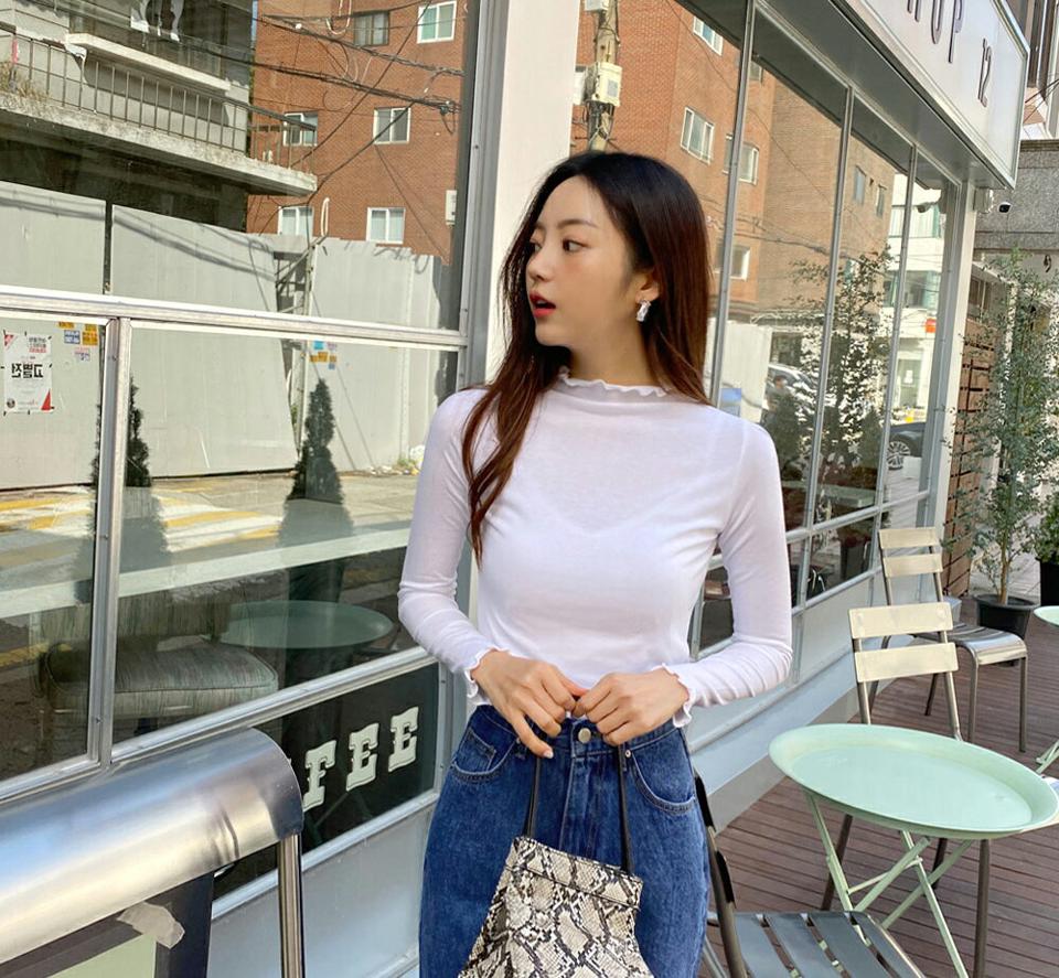 ウェーブハイネックTシャツ・全4色・t62925 レディース 【tops】韓国ファッション トップス Tシャツ 大人 長袖 ハイネック ウェーブ 無地 ベーシック シンプル スリム カジュアル フェミニン 上品 秋 冬