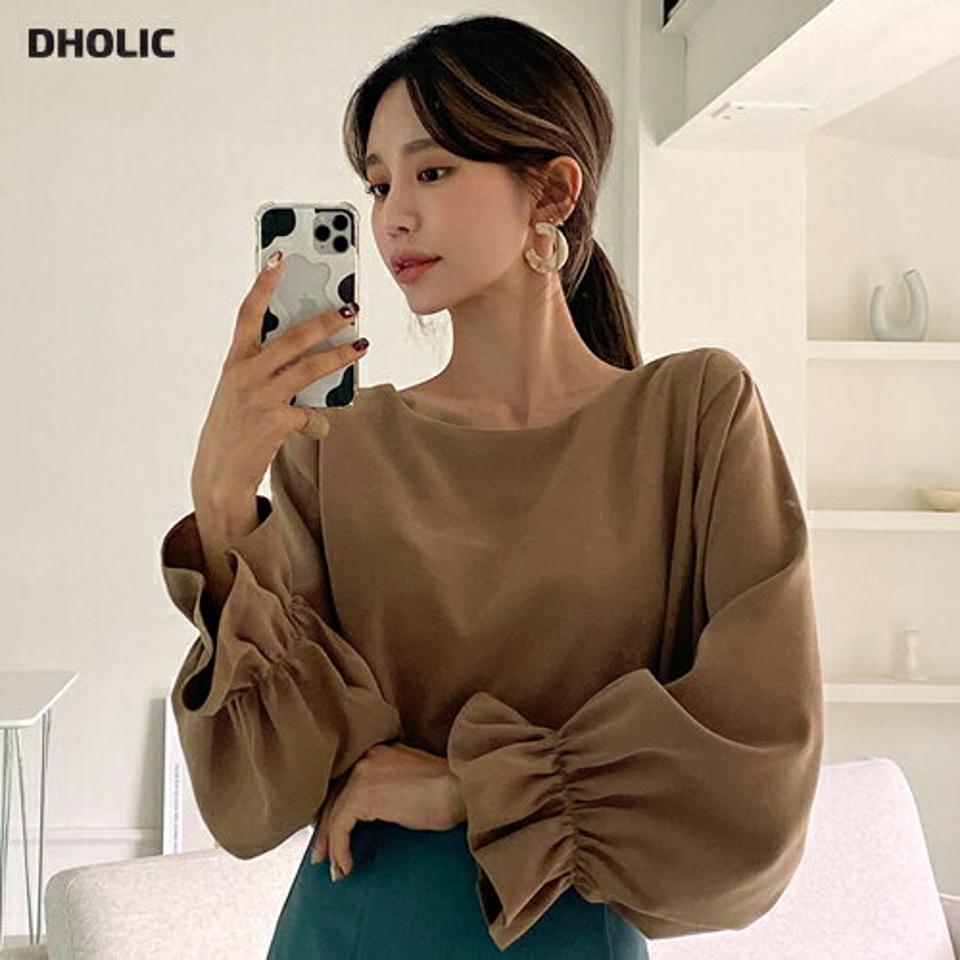 パフスリーブブラウス・全4色・e62799 レディース 【bl】韓国ファッション トップス ブラウス 長袖 ラウンドネック 大人 パフスリーブ 上品 無地 ベーシック シンプル フェミニン カジュアル ガーリー ボリュームスリーブ 秋 春