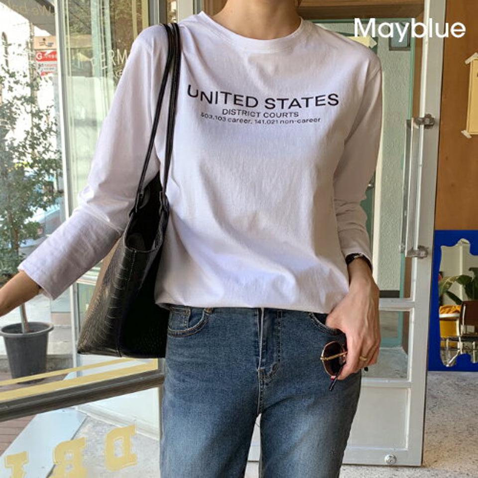 mayblue(メイブルー)レタリング長袖コットンTシャツ【10/13up_ka】【メール便】韓国 韓国ファッション　レディース トップス Tシャツ 長袖 ロンT ラウンドネック 丸首 英字レタリング らくちん 大人 カジュアル 着回し 秋 冬レディース ファッション【7】