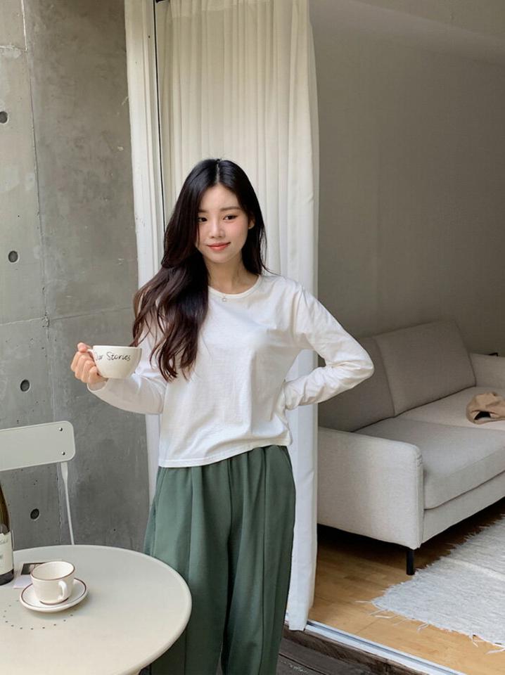 SHOPPERLAND(ショッパーランド)ウィークリーコットンロングTシャツ【10/11up_ka】【メール便】韓国 韓国ファッション　レディース トップス Tシャツ 長袖 ラウンドネック 丸首 シンプル 無地 らくちん 大人 カジュアル 着回し 秋 冬レディース ファッション【7】