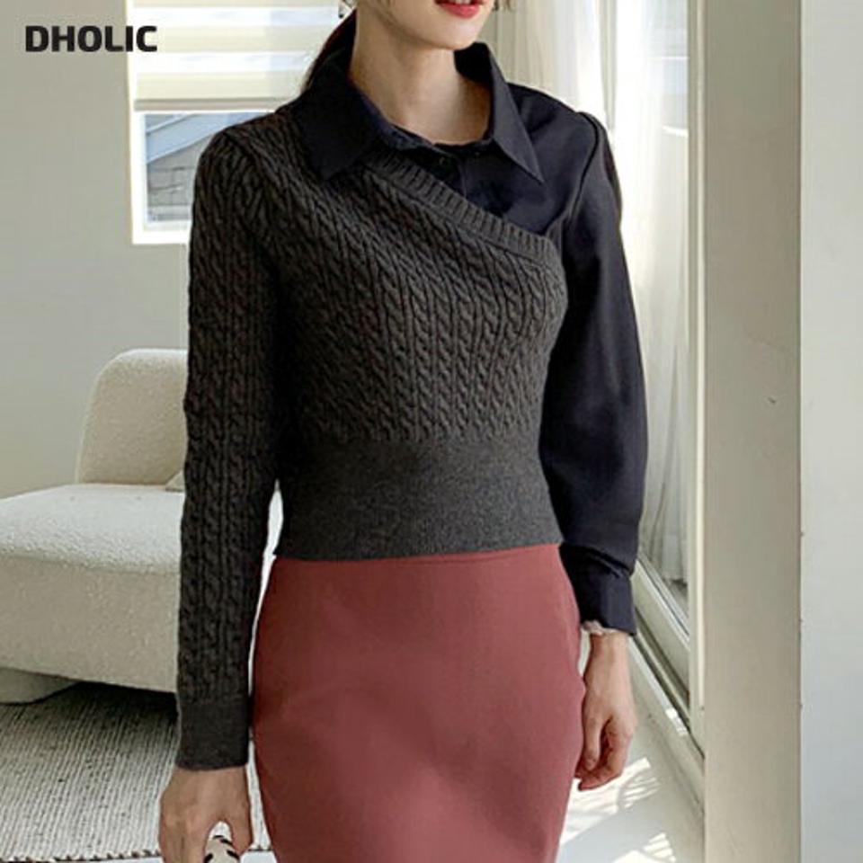 シャツレイヤード調ニット・全3色・b70423 レディース 【tops】 トップス ニット 長袖 シャツ レイヤード調 異素材 ツイスト クロップド あたたかい カジュアル ベーシック 冬 春 秋 韓国ファッション HIHOLLI