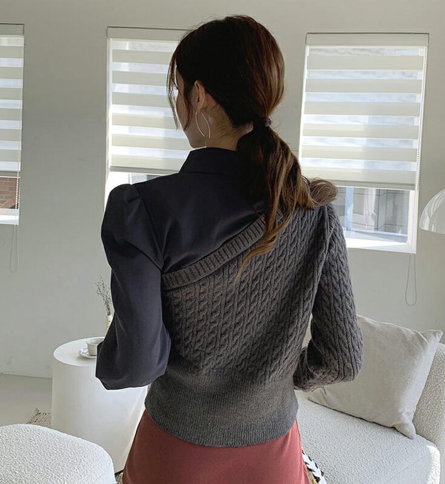 シャツレイヤード調ニット・全3色・b70423 レディース 【tops】 トップス ニット 長袖 シャツ レイヤード調 異素材 ツイスト クロップド あたたかい カジュアル ベーシック 冬 春 秋 韓国ファッション HIHOLLI