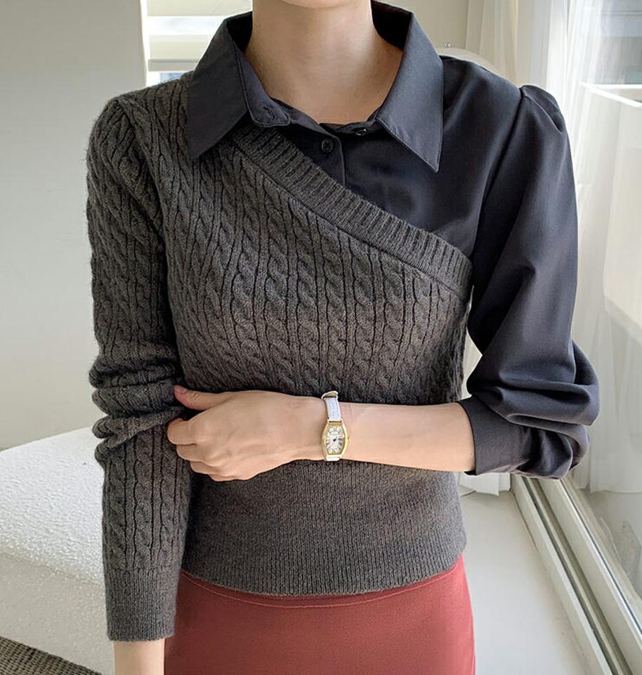 シャツレイヤード調ニット・全3色・b70423 レディース 【tops】 トップス ニット 長袖 シャツ レイヤード調 異素材 ツイスト クロップド あたたかい カジュアル ベーシック 冬 春 秋 韓国ファッション HIHOLLI