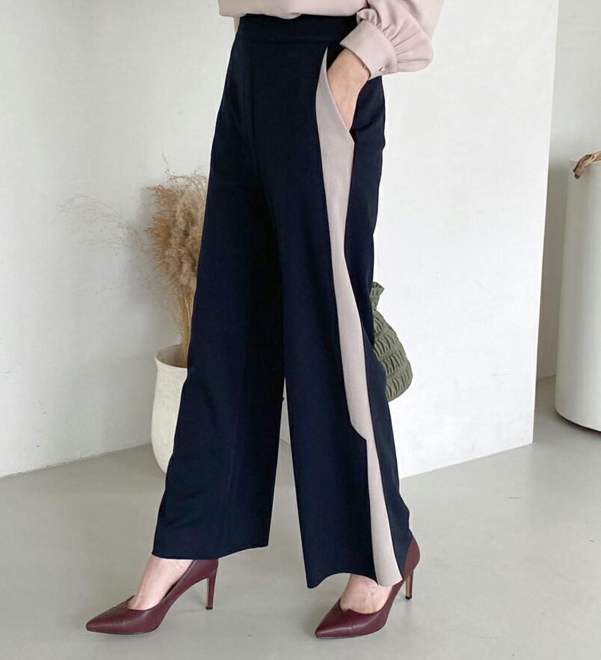 ≪人気商品再入荷≫配色スリットパンツ・全3色・b70470 レディース 【pt】 ボトムス ロング ロングパンツ 配色 スリット ルーズ ゆったり 着痩せ 長足 春 バイカラー 秋 韓国ファッション HIHOLLI