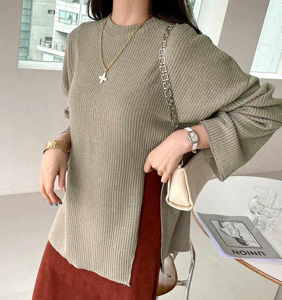 【只今10%OFF】スリットリブニット・全3色・t70435 レディース 【tops】 トップス ニット 長袖 ラウンドネック ルーズ ゆったり あたたかい カジュアル ベーシック 体型カバー 冬 春 秋 韓国ファッション ハイホリHIHOLLI【NIT】