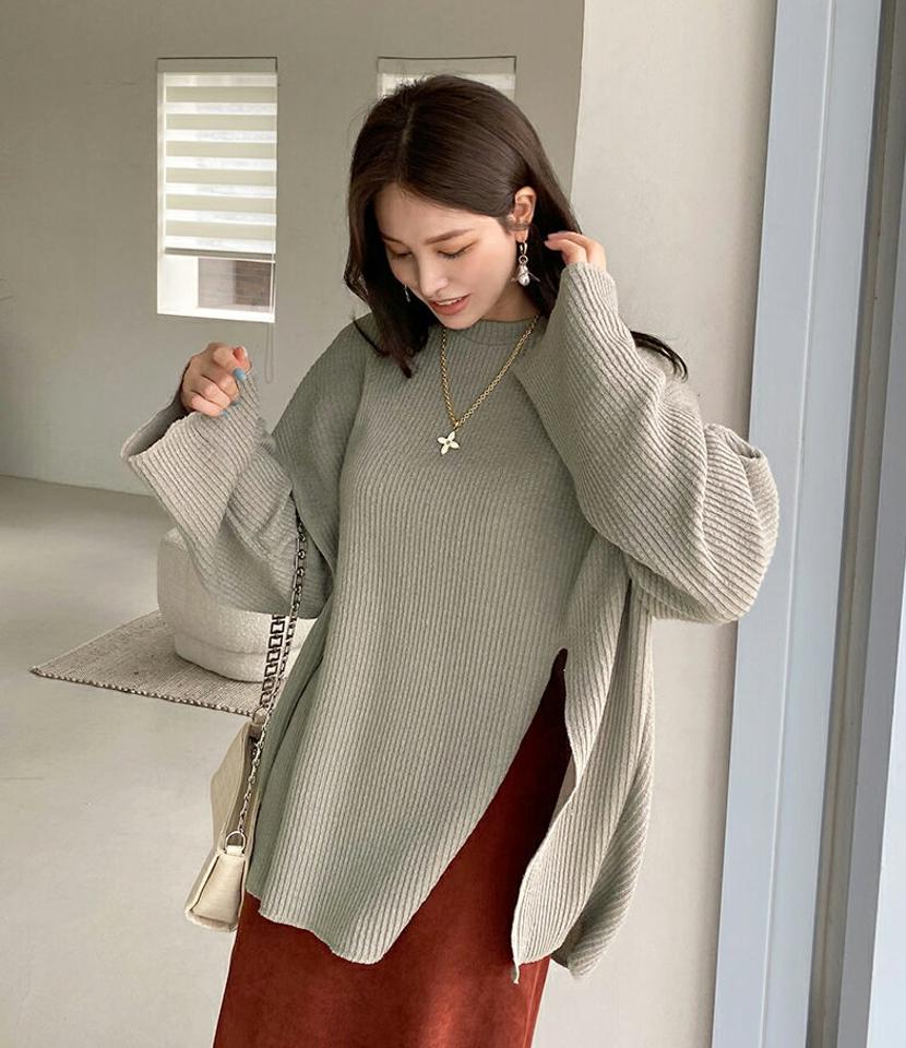 【只今10%OFF】スリットリブニット・全3色・t70435 レディース 【tops】 トップス ニット 長袖 ラウンドネック ルーズ ゆったり あたたかい カジュアル ベーシック 体型カバー 冬 春 秋 韓国ファッション ハイホリHIHOLLI【NIT】