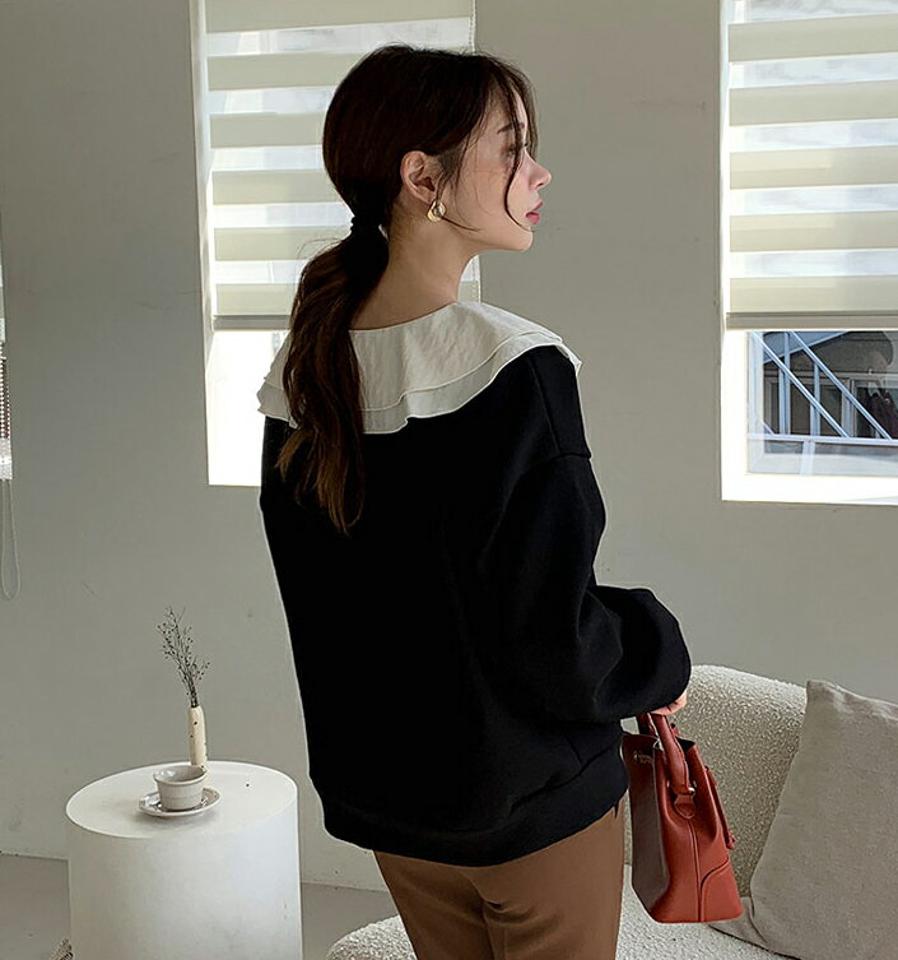 ≪人気商品再入荷≫ダブルカラースウェット・全2色・t70419 レディース 【tops】 トップス スウェット 長袖 ラウンドネック ビックカラー 異素材 カジュアル ベーシック 冬 春 秋 韓国ファッション ハイホリHIHOLLI