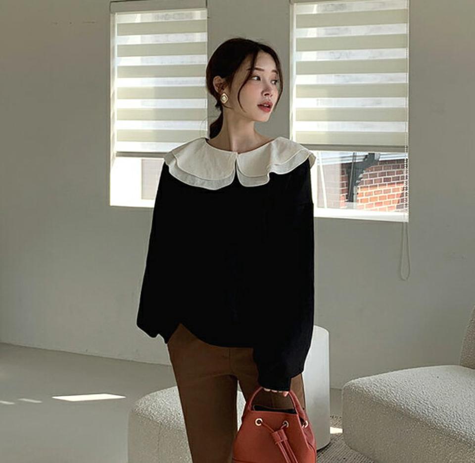 ≪人気商品再入荷≫ダブルカラースウェット・全2色・t70419 レディース 【tops】 トップス スウェット 長袖 ラウンドネック ビックカラー 異素材 カジュアル ベーシック 冬 春 秋 韓国ファッション ハイホリHIHOLLI