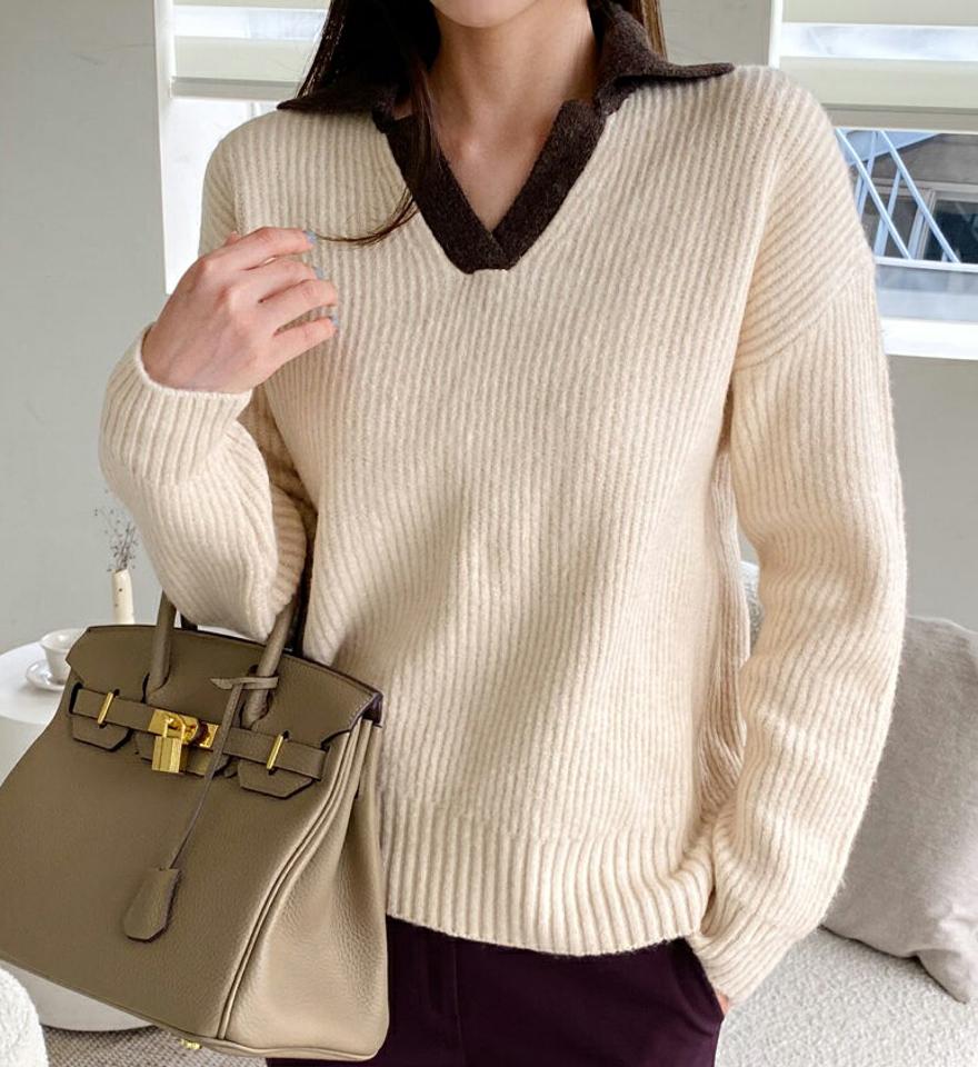 カラーネック配色ニット・全2色・t70432 レディース 【tops】 トップス ニット 長袖 カラーネック ルーズ ゆったり 配色 Vネック スリム 体型カーバー ベーシック 上品 冬 春 秋 韓国 ファッション ハイホリHIHOLLI