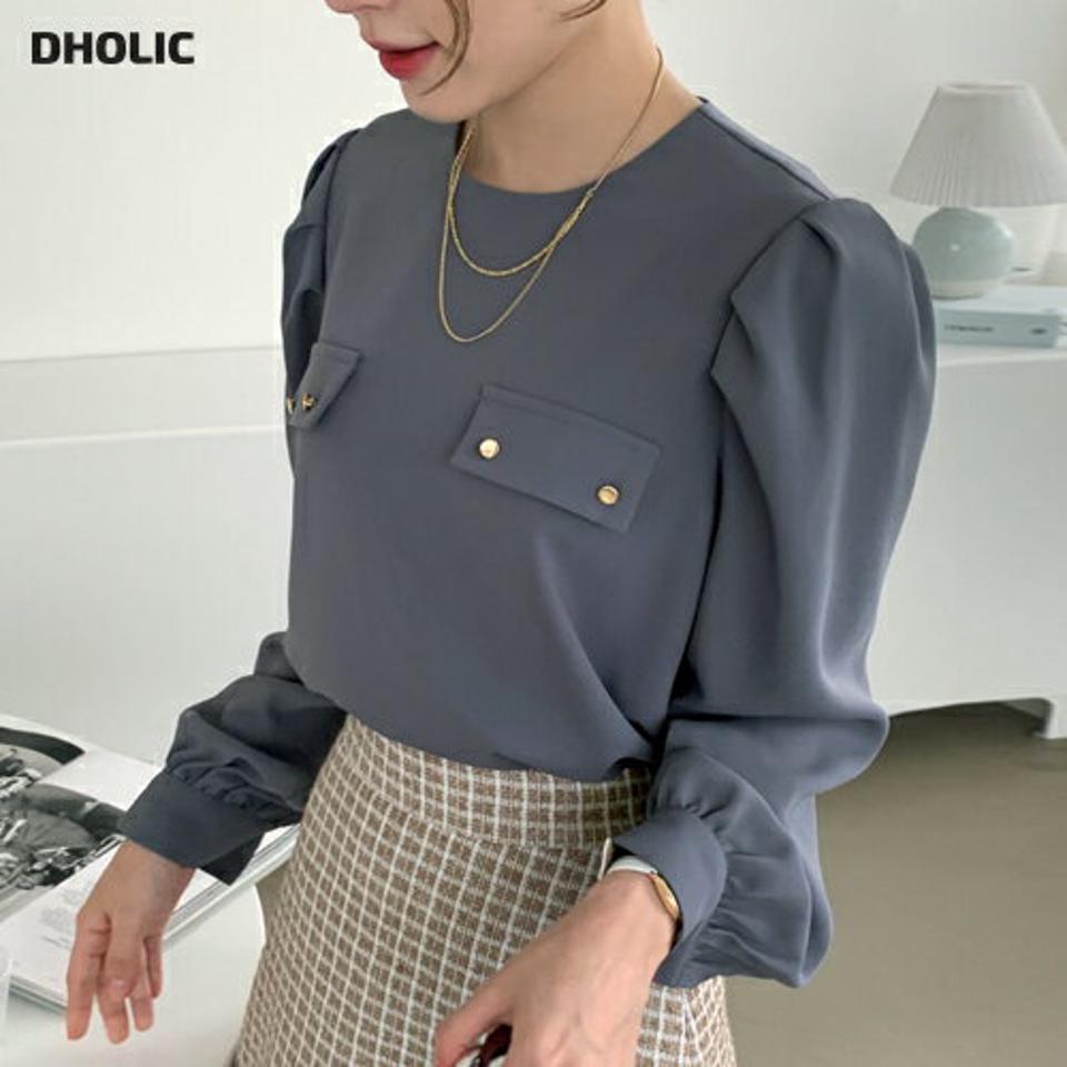 ゴールドボタンポケットブラウス・全3色・b70460 レディース 【bl】 トップス ブラウス 長袖 ゴールド ボタン ポケット ラウンドネック ギャザー オフィスカジュアル 大人 オフィス フェミニン カジュアル 春 秋 韓国 ファッション ハイホリHIHOLLI