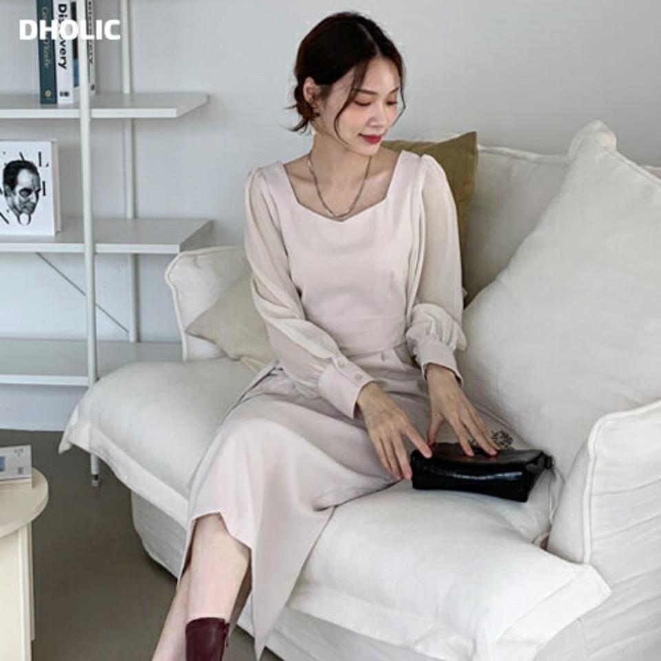 シースルースリーブリボンワンピース・全3色・t70569 レディース 【ops】 ワンピース ロングワンピース シースルー パフスリーブ スクエアネック スリム デコルテ 長袖 体型カバー フェミニン 春 秋 韓国ファッション ハイホリHIHOLLI